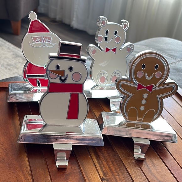 Other - 4 Vtg “Enamel” “Chrome” Christmas Stocking Hanger Snowman Santa Gingerbread Bear
